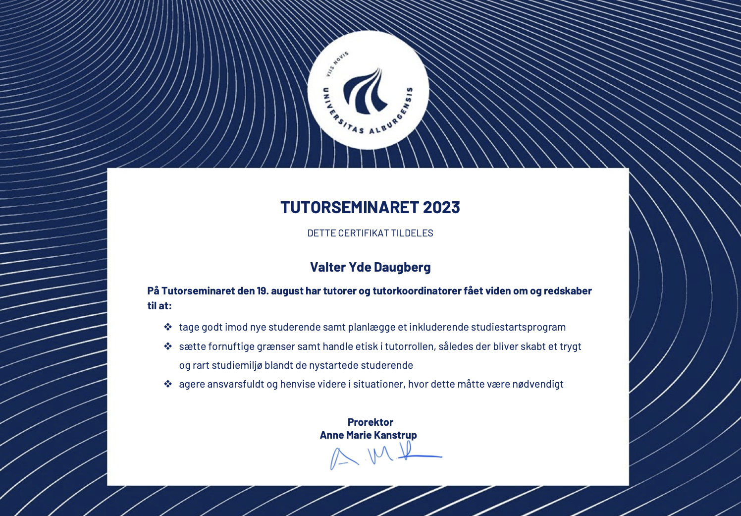 Diploma for tutor at AAU 2023